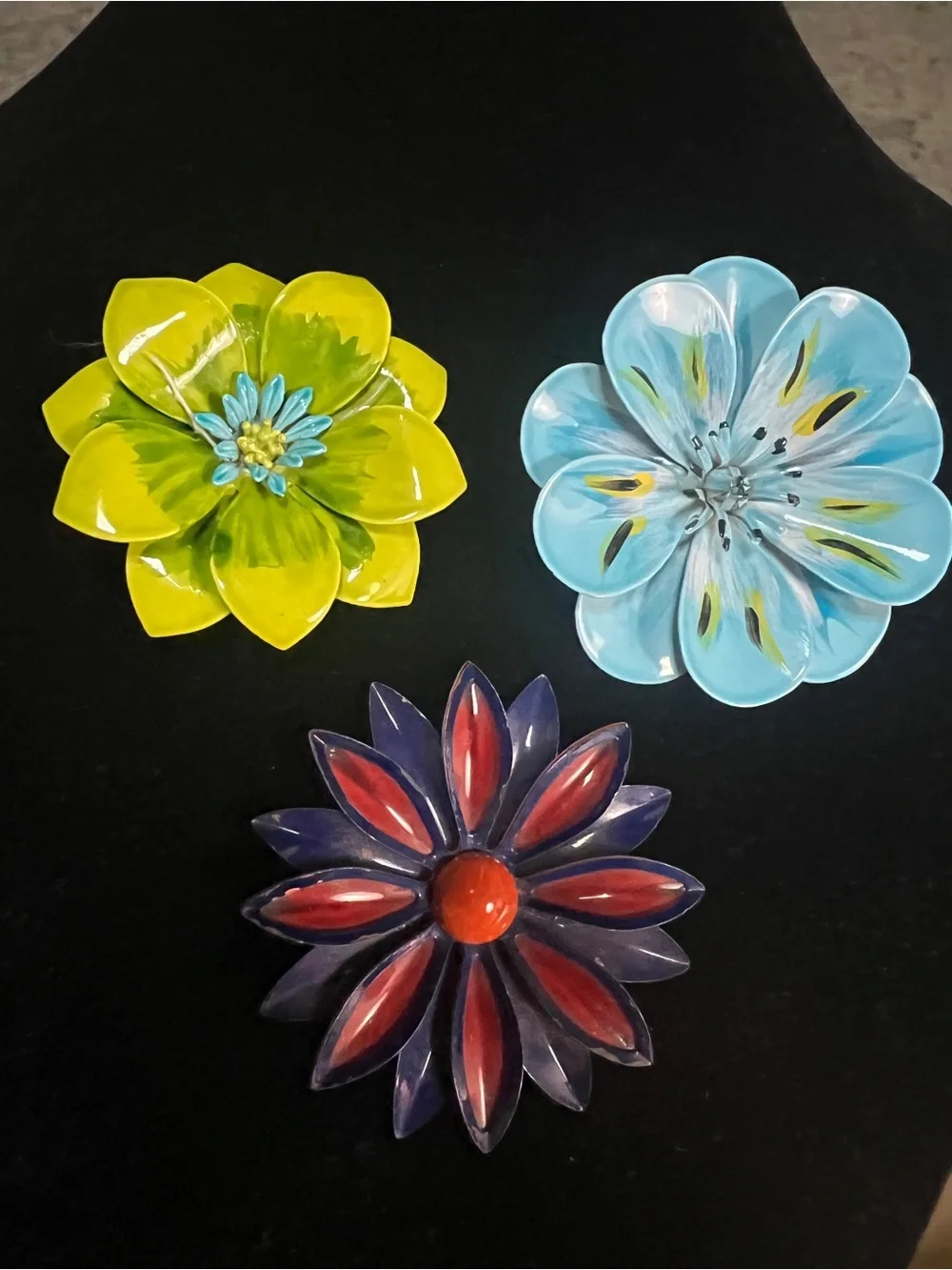 Vintage Three-Piece Floral Brooch Trio - Yellow, Blue & Red